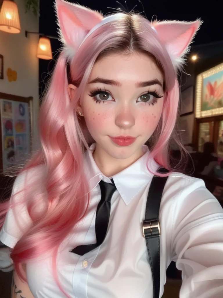 1girl, solo, masterpiece, a beautiful woman, 20-year-old woman, intricate details, realistic, blurry background, focus,
lighting, cinematic,
closeup, detailed eyes,
shiny hair, shiny, shiny skin, shiny clothes,
pink hair, cat ears, pink eyes,
black skirt, white shirt, red tie,
tattoos, freckles, butterflies, roses
Belle Delphine