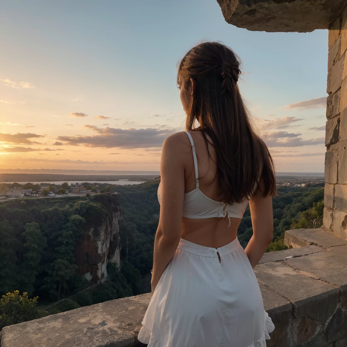 Lucie seen from behind on the edge of a cliff overlooking the mr and sunset