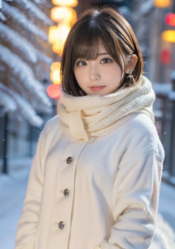 Fluffy scarf、Medium Short Hair、White breath expression、Photo from the waist up、Night city illumination shot、Cowgirl Shot、Fur coat、豪華なグレーのミンクのFur coat、Wear good leather boots、Luxury Bags、Inner turtleneck、Silver necklace and small silver earrings Millionaire style:1.4））、Full body photo、smile、 Caustics、Highly detailed photos、Very beautiful woman 、Ample breasts、No makeup、(8K、RAW Photos、Highest quality、masterpiece:1.2)、(Realistic、Realistic)、1 Girl、((Medium Short Hair、Midwinter、Cold region Snow falling、The wind is blowing、Fluttering Hair、Blur the background、Colorful illuminations、Looking into the camera:1.4))、
