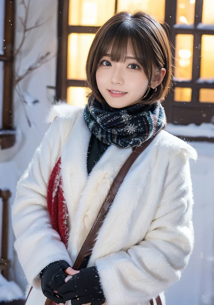 Fluffy scarf、Medium Short Hair、White breath expression、Photo from the waist up、Night city illumination shot、Cowgirl Shot、Fur coat、豪華なグレーのミンクのFur coat、Wear good leather boots、Luxury Bags、Inner turtleneck、Silver necklace and small silver earrings Millionaire style:1.4））、Full body photo、smile、 Caustics、Highly detailed photos、Very beautiful woman 、Ample breasts、No makeup、(8K、RAW Photos、Highest quality、masterpiece:1.2)、(Realistic、Realistic)、1 Girl、((Medium Short Hair、Midwinter、Cold region Snow falling、The wind is blowing、Fluttering Hair、Blur the background、Colorful illuminations、Looking into the camera:1.4))、
