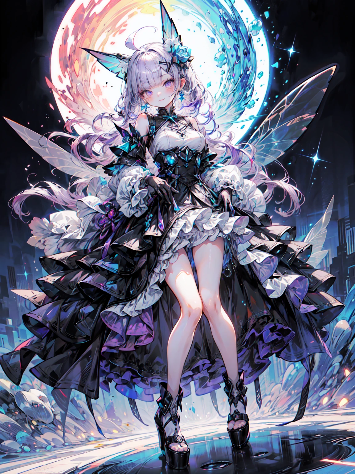 Best image quality、(((Ezvian Everywhere))),Character Portrait、Great style、Laugh hard、Beautiful feet、Leather shoes、Dynamic pose、, young、Gothic Lolita, (((Light purple hair))), Purple eyes, (mascara), Blunt bangs, ((Hair above the eyes)), Long Hair, Pink mixed hair、Mesh Color Pink、Big Breasts、 Frills,白いFrills, Black Theme, Blake、 ((colorful, bright色):1.3), (Black dress with holographic sheen:1.5), ((rainbow crinoline, A striking black layered skirt):1.4), (Gothic Lolita:1.2), (Lace-up:1.2), ((No sleeve, Expose your shoulders):1.2), (Rainbow Fairy Wings:1.3),Armor Textures、 Blake、 (Platform high boots:1.1), (Long gloves:1.2), ((Earrings, Send back):1.2), Faithfully, (((Eye focus))), (((Laughter))), The background is blurred, Hollow Eyes, Purple Theme、Viewer Display, (((night))), (((hair ornaments)))、Organic Armor Cyborg、Machine Armor、Armor Texture、Blake、（Dark Elf), (1 Girl), alone, Perfect Face, Get used to it, Ahoge, ((Long Hair:1.2)),[[Messy Hair]], Shiny blonde white hair, Purple eyes, Variegated eyes, colorfulな髪, Shining Eyes, (eyelash, eye shadow, pink eye shadow), bright, smile, Design Art：Haruhiko Mikimoto, by Kawashi, By Yoshitaka Amano