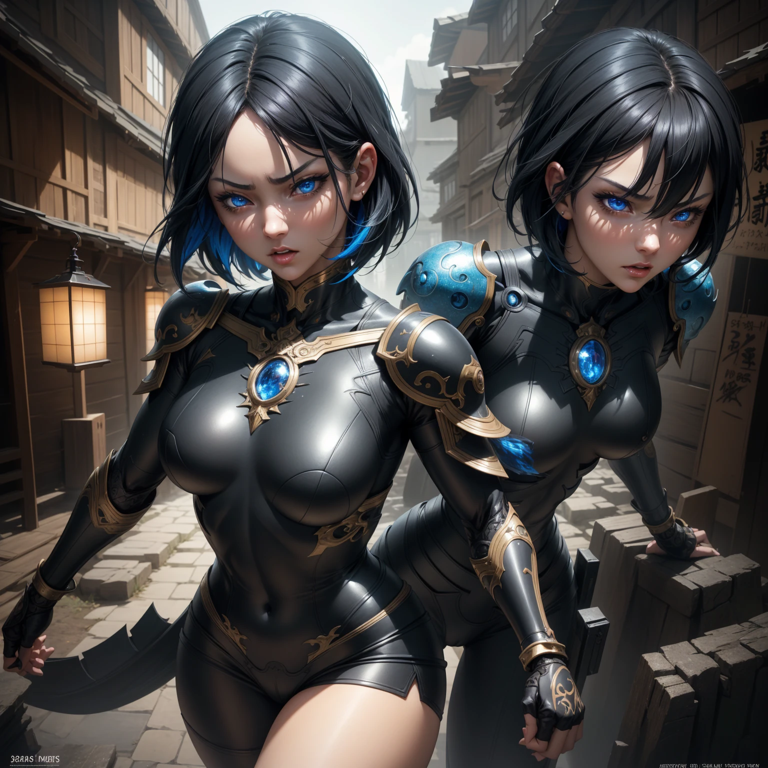 1girl!!!, short bob hair, black hair, small breasts!!, blue eyes, fair skin, anger face, sexy tight black ninja outfit, bare arms, bare legs, medieval japanese town, very sexy body, detailed face, beautiful detailed eyes, beautiful detailed lips, extremely detailed eyes and face, long eyelashes, detailed clothing, intricate details, highly detailed, photo realistic, 8k, best quality, masterpiece, cinematic lighting, dramatic lighting, vibrant colors, fantasy, digital art, concept art