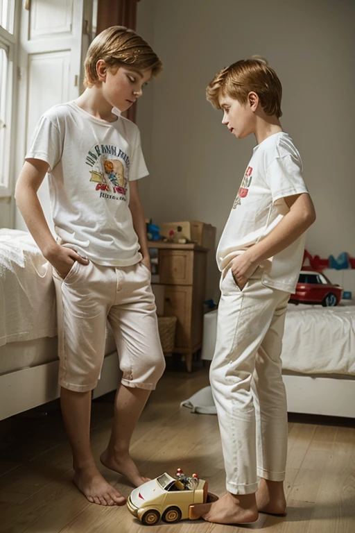 an angel a blond boy  wearing white trousers and a barefoot T-shirt stands behind another red-haired boy aged 8 dressed in pyjamas barefoot who is playing with a toy car