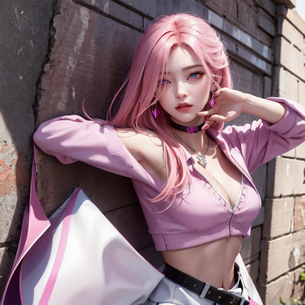 (masterpiece, best quality, 1girl, solo, intricate details, chromatic aberration), realistic, ((medium breath)),long hair, pink hair, pink highlights, hair over one eye,purple eyes, earrings, sharp eyes, choker, neon shirt, open jacket, crop top, (symmetry eyes),(perfect symmetrical body),against wall, brick wall, graffiti, dim lighting, alley ,look at viewer, serious face, big tits, full body shot