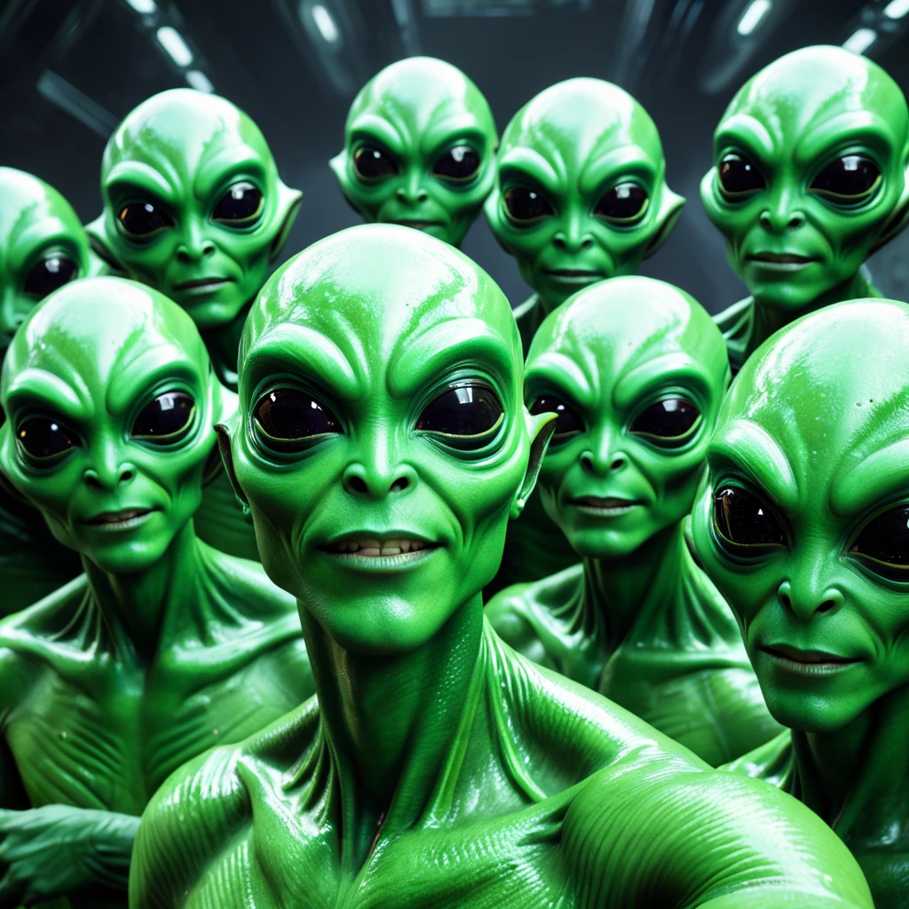 One guy taking a selfie with a group of green aliens, high details of the face and skin, high detail, logo: "neuro"