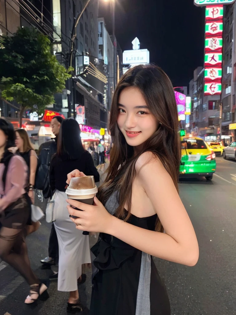 woman in black dress holding a cup of coffee on a city street, 18 yo,