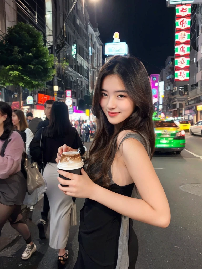 dark brown hair、Light brown eyes、The face of the Japan actress、 Lady、looks like him,i'I'm about 40 years old、(intricate-detail:1.2)、(top-quality:1.4)、 (超A high resolution:1.2)、超A high resolution、(A detailed eye)、(detailed facial features)、nffsw、8K resolution、D-cup size breasts、length hair、beautiful night view of dubai、Drink cocktails with a view of Dubai at night at the rooftop bar、Rooftop Bar、Rooftop Barの椅子に座っている、Drinking cocktails、