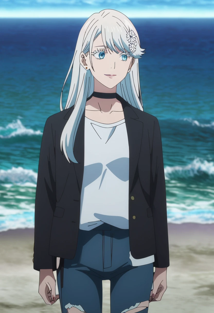 1girl, female gojo satoru, anime screencap from jujutsu kaisen, gojo satoru female version, solo, long_hair, blue eyes, ((white eyelashes)), ((white_hair)), beach view, ocean in background, breasts, upper_body, smile, swept bangs, blue_eyes, lips, (swept bangs) ((hair ornament, earrings, black choker, collarbone, white shirt, black jacket, open clothes, torn pants, jeans,)) "very detailed and high resolution" (blue eyes) ((long hair)) ((solo)) ((high resolution)) ((full body)) ((Good quality)) ((high-resolution)) ((best quality)) ((animw screen cap))