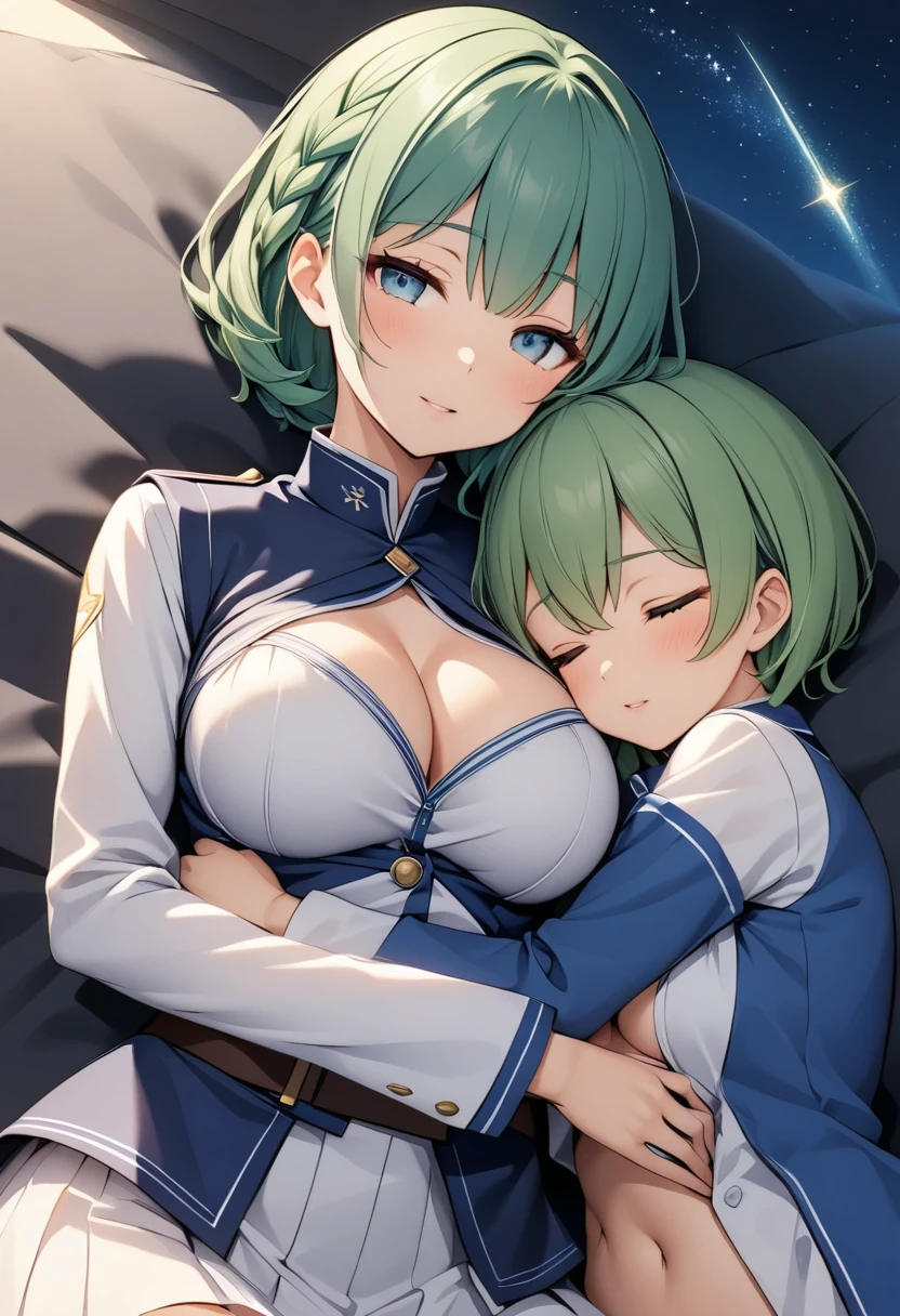 Blue-green hair　girl　Blue Eyes　Short Hair　レッサーパンダstuffed toy　C Cup　Warrior uniform　Long sleeve　Cleavage　stuffed toy　Embrace　Braided Hair Arrangement　The background is a starry sky like the universe　Ready your sword　Sleeping together　Naughty　