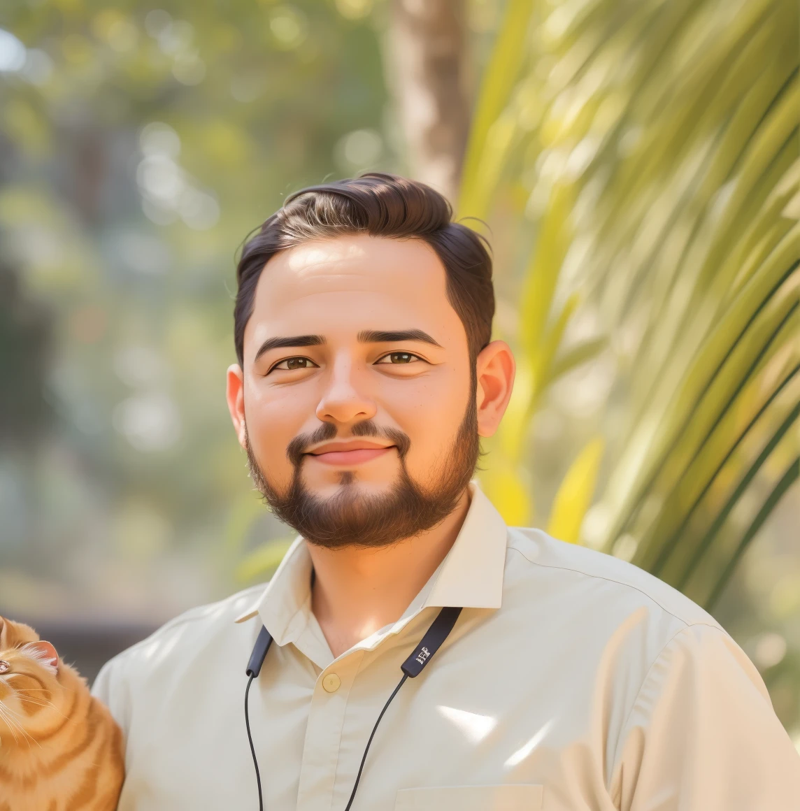 Retrato realista de um de sete anos, Ele usa uma camisa vermelha . Your face is and exploratory . Ele sai cautelosamente para o jardim da casa, A small cat is among the bushes and he touches it cautiously ,Not facing the camera,, Hair is messy ,