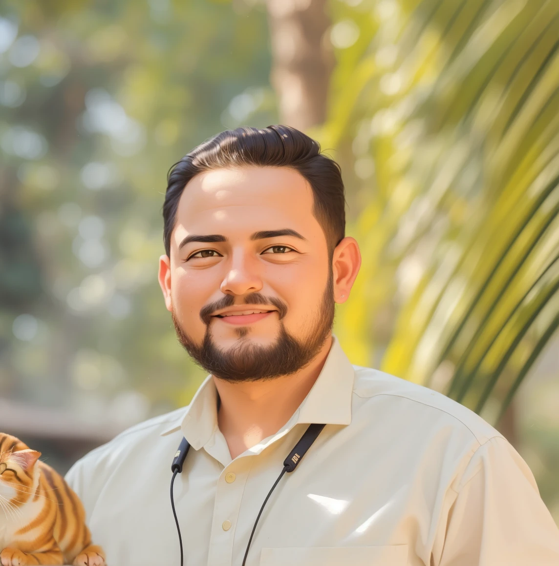 Retrato realista de um de sete anos, Ele usa uma camisa vermelha . Your face is and exploratory . Ele sai cautelosamente para o jardim da casa, A small cat is among the bushes and he touches it cautiously ,Not facing the camera,, Hair is messy ,