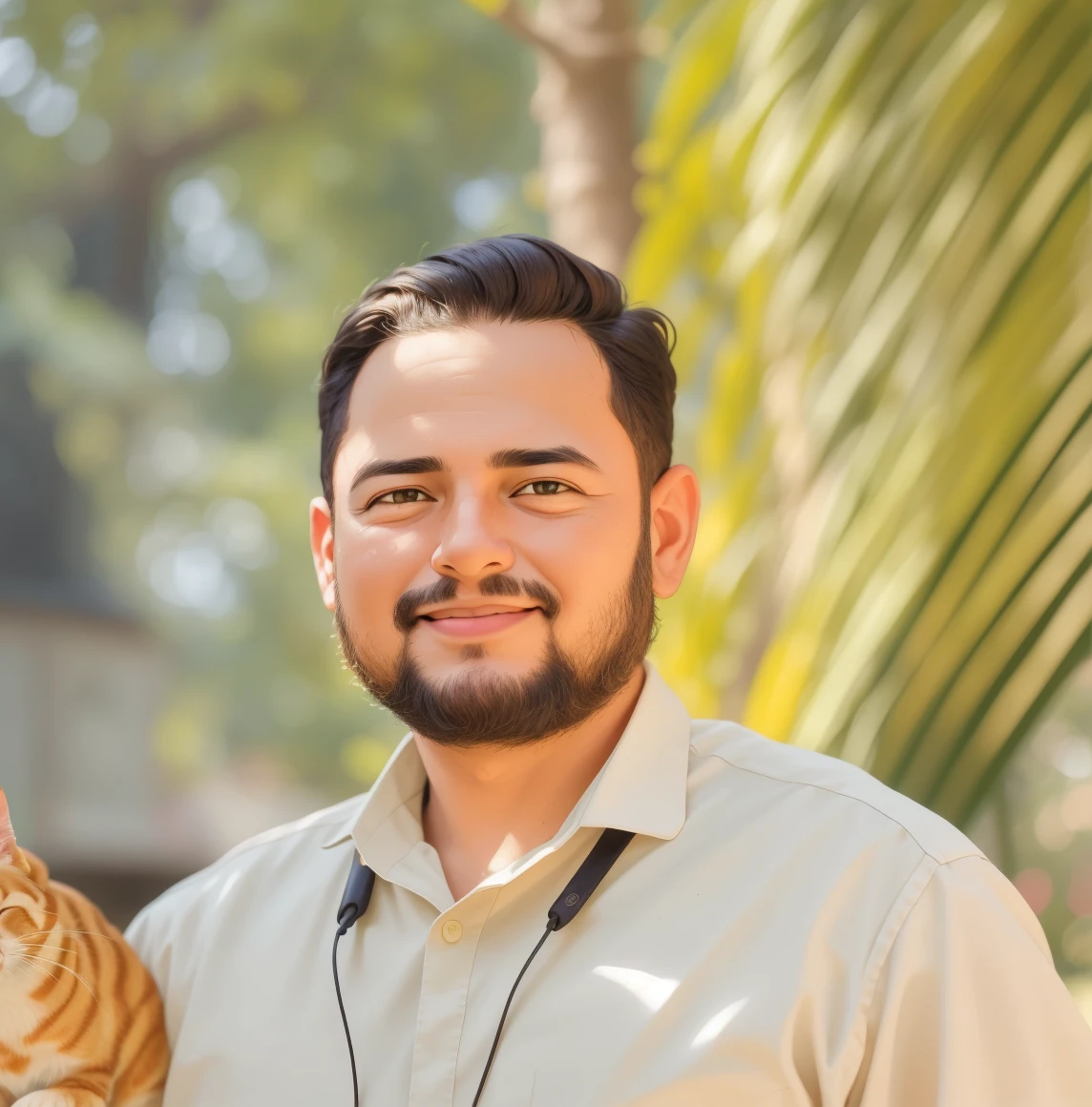 Retrato realista de um menino de sete anos, Ele usa uma camisa vermelha . Your face is and exploratory . Ele sai cautelosamente para o jardim da casa,  A small cat is among the bushes and he touches it cautiously ,Not facing the camera,, Hair is messy , 