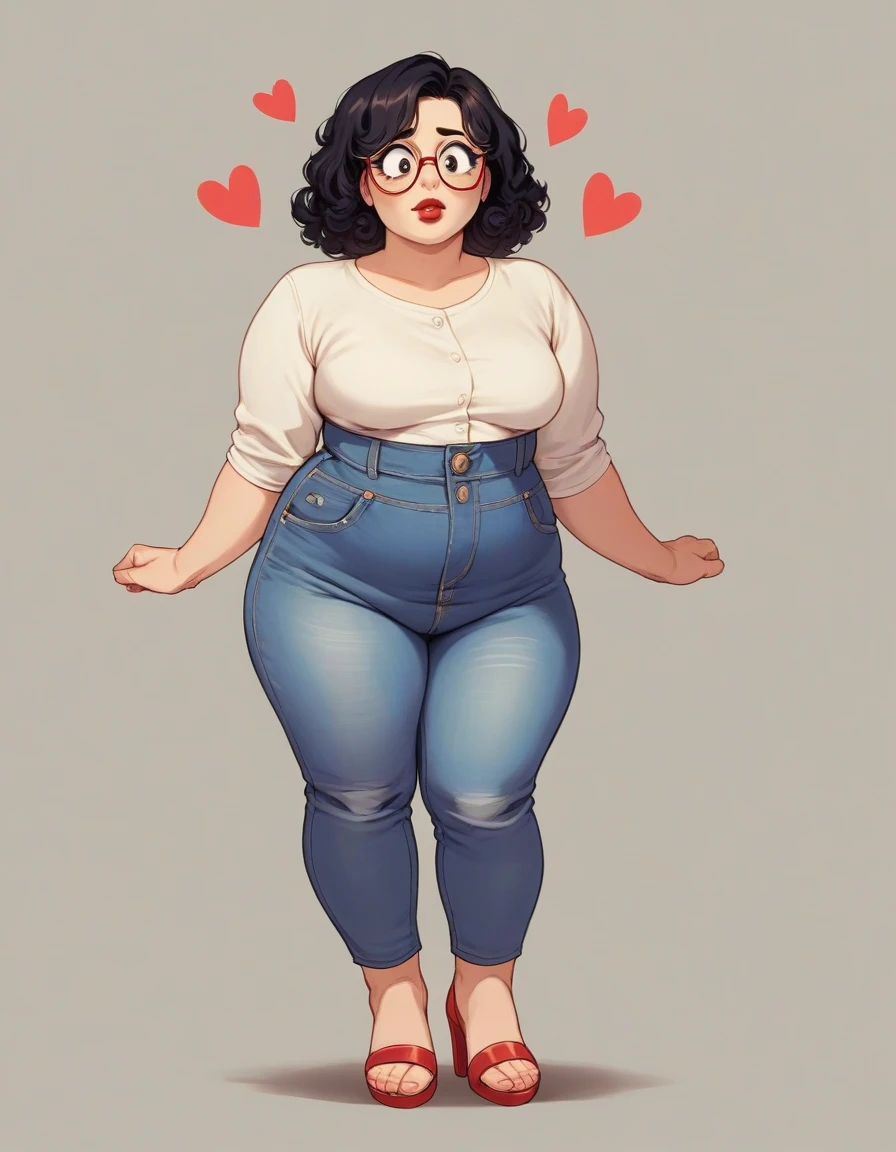 A short, chubby woman with red lipstick on makeup, brown eyes, shoulder-length wavy black hair, glasses, small transparent oval, red crochet mini dress, high-heeled sandals, man, wide face, curly black hair, black eyes, jeans, white shirt and sneakers, him handing over a 3D heart to she . 