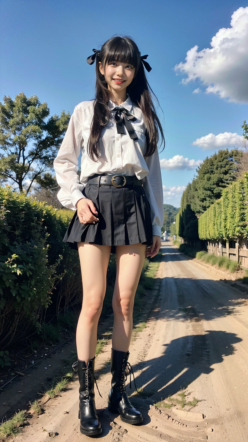 (8K、RAW Photos、Highest quality、masterpiece:1.2)、(Realistic、Realistic)、1 Girl、((mini skirt、Straight Hair、black、Thin legs、whole body、boots、blackいコート、one piece、garden、smile、View from the front、Ribbon on chest、Looking into the camera、belt、Stand with hands on hips))、