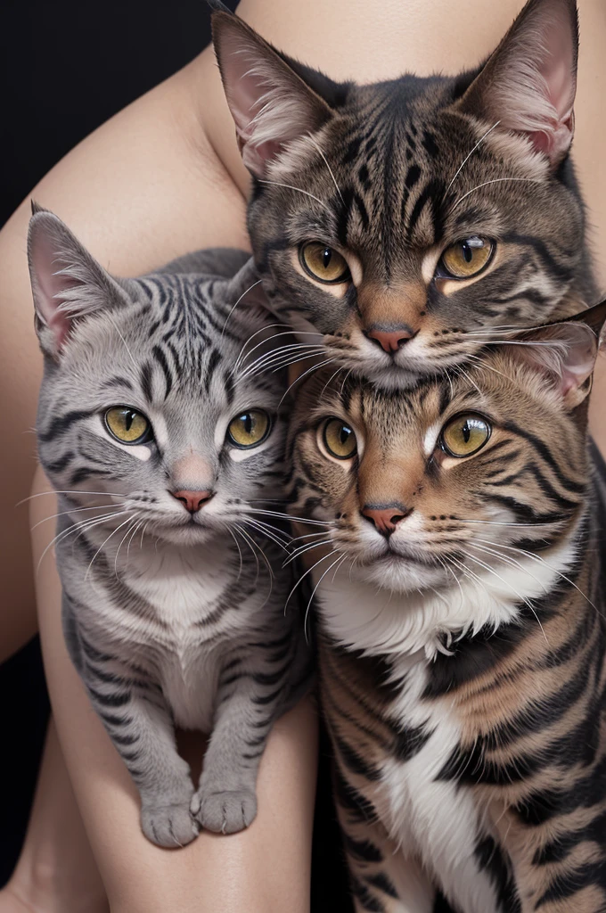 Create a realistic image of a tattoo of 2 cats, one brindle gray and one tricolor with Egyptian pyramids and busula on the arm