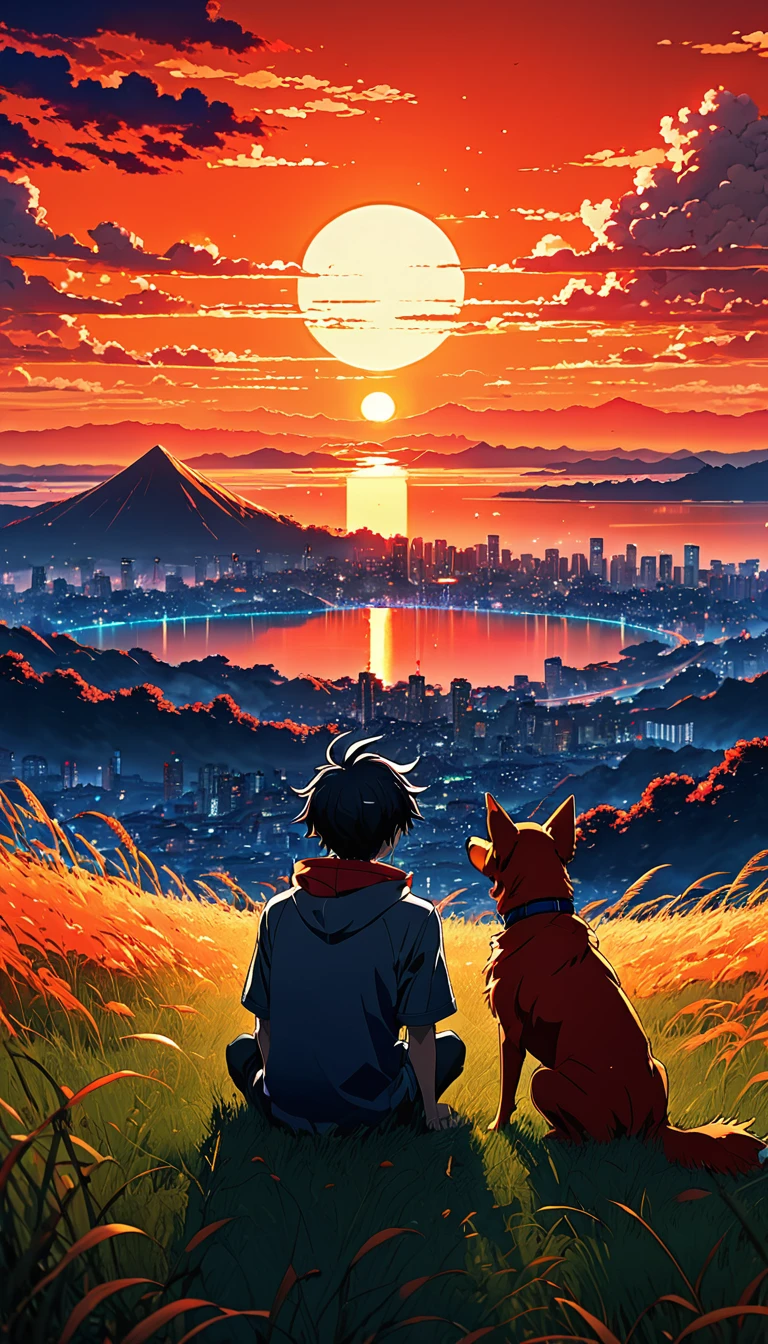 high quality, 8K Ultra HD, great detail, masterpiece, an anime-style digital illustration, anime landscape of a boy with his dog sitting on a hill of grass looking at a hellish orange and red sunset, nature anime wallpapers with a serene sky, anime beautiful scene, beautiful anime peace scene, Makoto Shinkai Cyril Rolando, beautiful anime scene, amazing wallpaper, 8k anime art wallpaper, anime background, art anime background, background anime wallpaper 4k, anime art wallpaper 4k, 4k