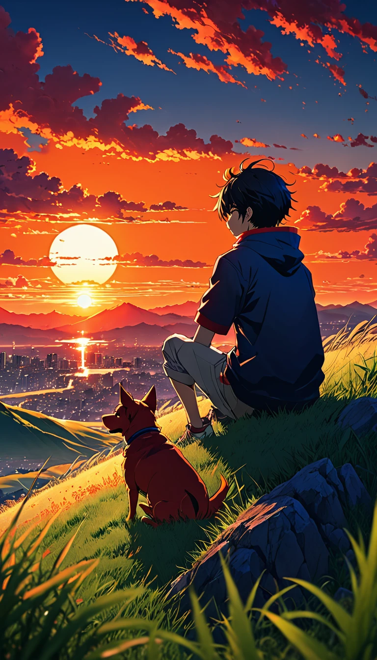 high quality, 8K Ultra HD, great detail, masterpiece, an anime-style digital illustration, anime landscape of a boy with his dog sitting on a hill of grass looking at a hellish orange and red sunset, nature anime wallpapers with a serene sky, anime beautiful scene, beautiful anime peace scene, Makoto Shinkai Cyril Rolando, beautiful anime scene, amazing wallpaper, 8k anime art wallpaper, anime background, art anime background, background anime wallpaper 4k, anime art wallpaper 4k, 4k