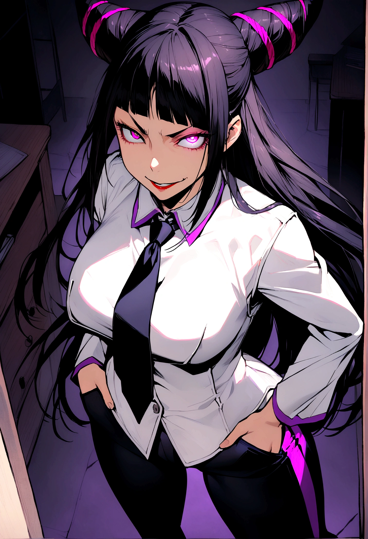 Juri Han, artwork, tight white secretary shirt with black tie, Bblack hair,evil smile,DESK,bangs on the eyes,lighting,horn of hair,glowing purple eye,hands in pocket,legging pants