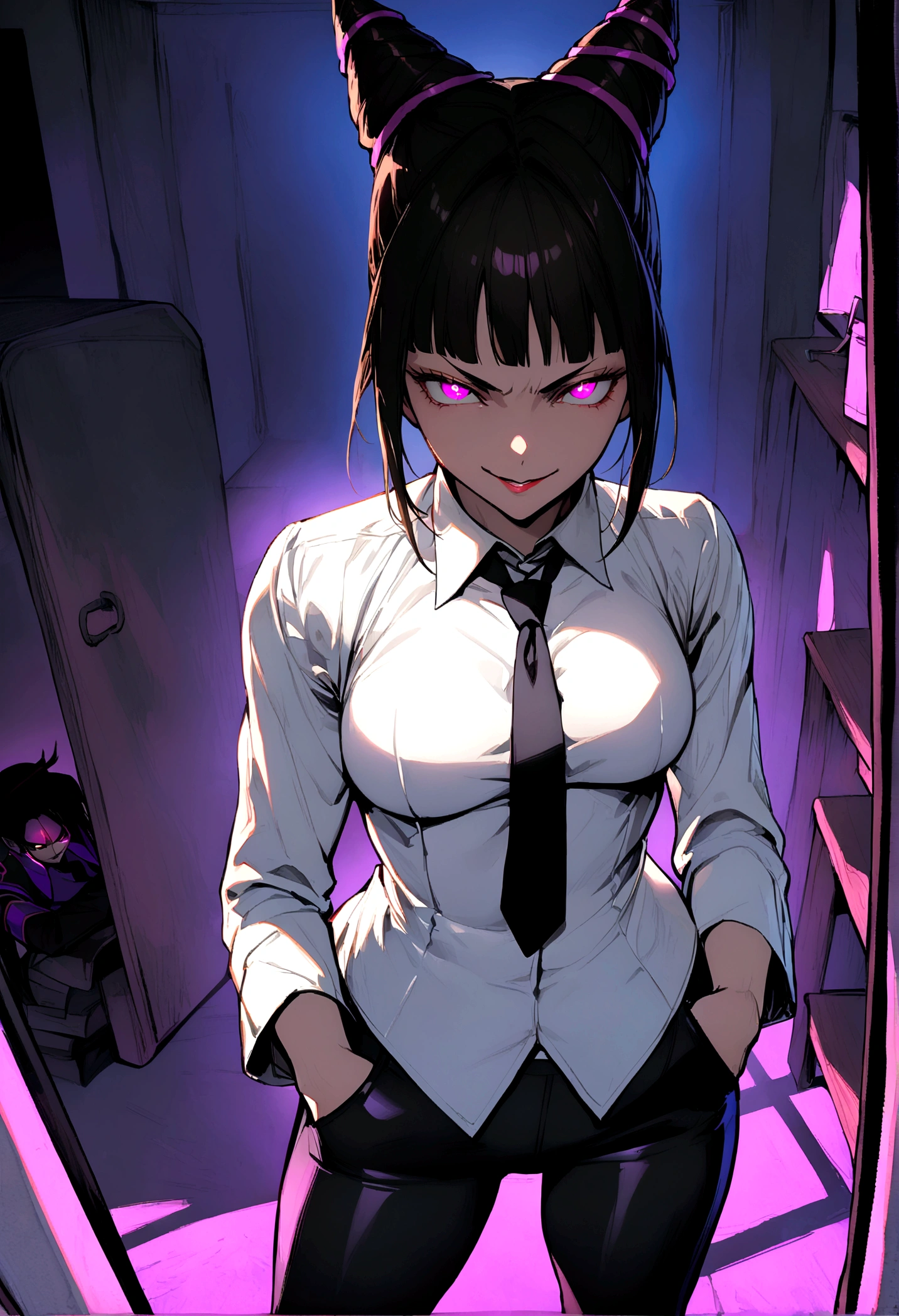 Juri Han, artwork, tight white secretary shirt with black tie, Bblack hair,evil smile,DESK,bangs on the eyes,lighting,horn of hair,glowing purple eye,hands in pocket,legging pants
