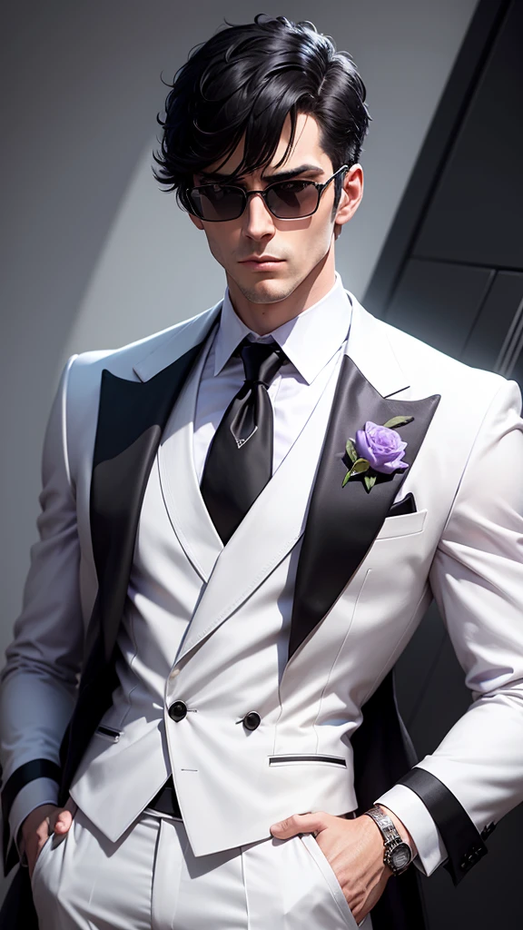 A tall, white man with short, black hair and purple shade sunglasses stands confidently. He is wearing a stylish, black suit. He has a serious expression, high detailed, 8K, masterpiece.