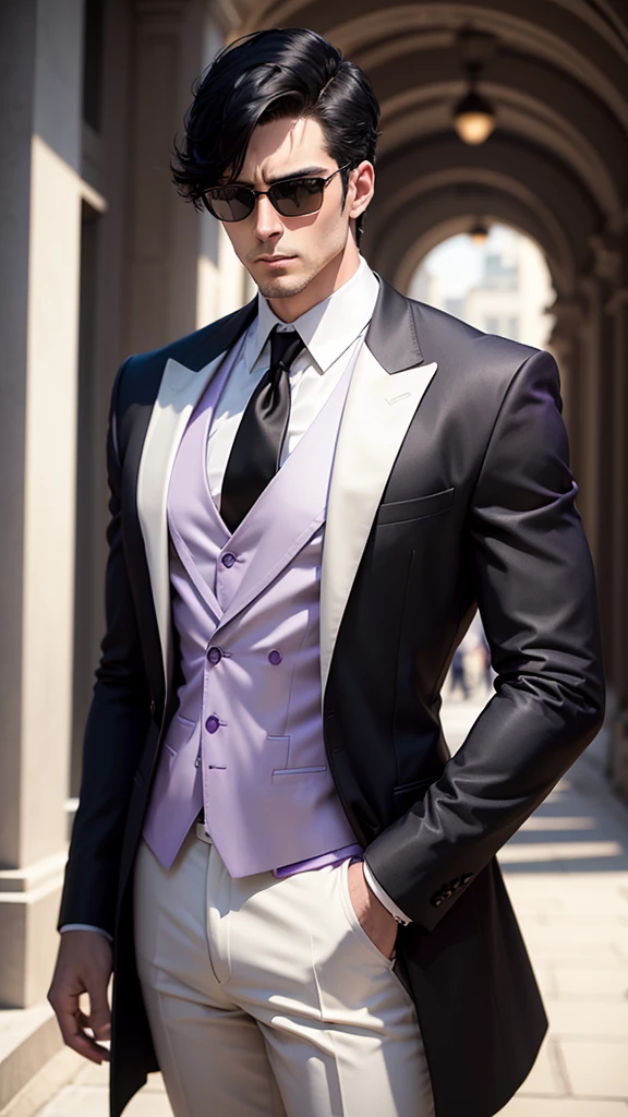 A tall, white man with short, black hair and purple shade sunglasses stands confidently. He is wearing a stylish, black suit. He has a serious expression, high detailed, 8K, masterpiece.