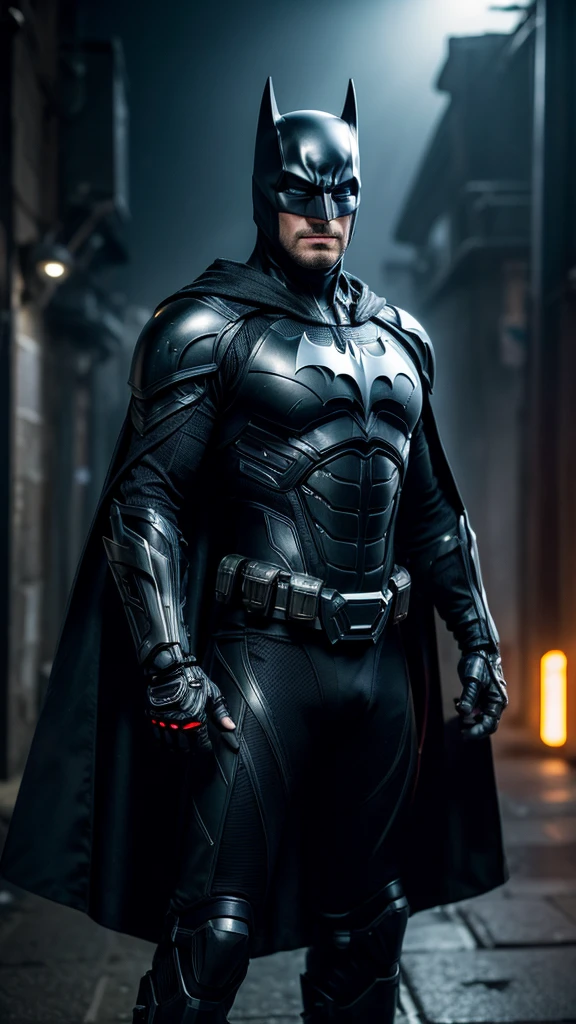 Masterpiece, best quality, NVIDIA RTX, sharp picture, ultra details, cinematic lightning, hi-tech futuristic batman:1.3, perfect face details, proportional body, facial hair, luminous eyes:1.3, perfect mouth:1.3, neon luminous cybernetic-armor:1.3, black gold cybernetic-armor:1.3, perfect cape, cape blown by strong winds:1.3, symmetrical pose, full body, epic lights reflections, night, dark alley, fogs