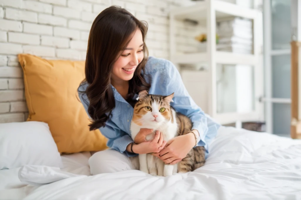 woman sitting on bed holding a Cat in her arms, woman and Cat, holding a Cat, she is holding a Cat in her arms, with small Cat on lap, petting a Cat, big cheeks holding her Cat, a sick Cat laying in a bedroom, pet, 苏格兰折耳Cat, Cat, , a Cat is smiling, , the Cat is smiling,