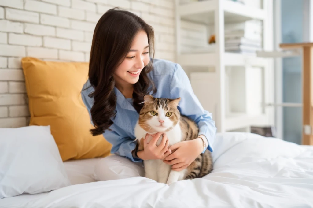 woman sitting on bed holding a Cat in her arms, woman and Cat, holding a Cat, she is holding a Cat in her arms, with small Cat on lap, petting a Cat, big cheeks holding her Cat, a sick Cat laying in a bedroom, pet, 苏格兰折耳Cat, Cat, , a Cat is smiling, , the Cat is smiling,