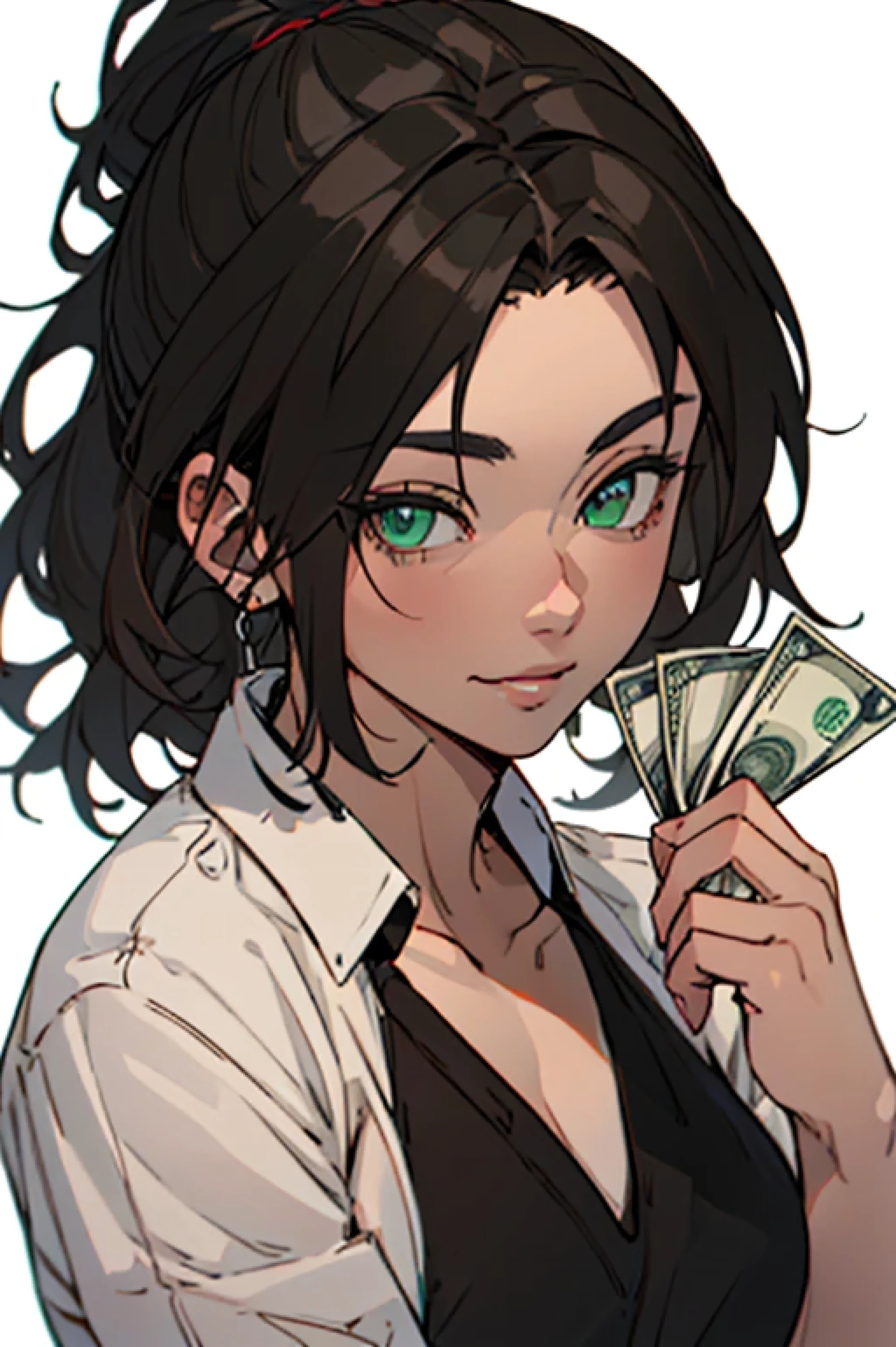 ((best qualityer)), ((work of art)), (detailded), face perfect, dark green eyes, brunette skin, blackquality hair, Medium hair, Youngh,woman sex,seductiv, fully body. holding money, White background