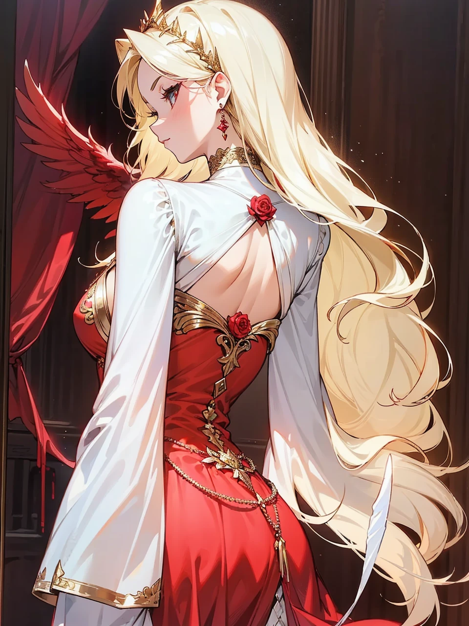 Add in roses to her dress, a good back dress design with some golden jewelry, make her dress into a red and white gown with a hat, give her some unique Jewelry, and make her look somewhat of a demonic angel like appearance to her