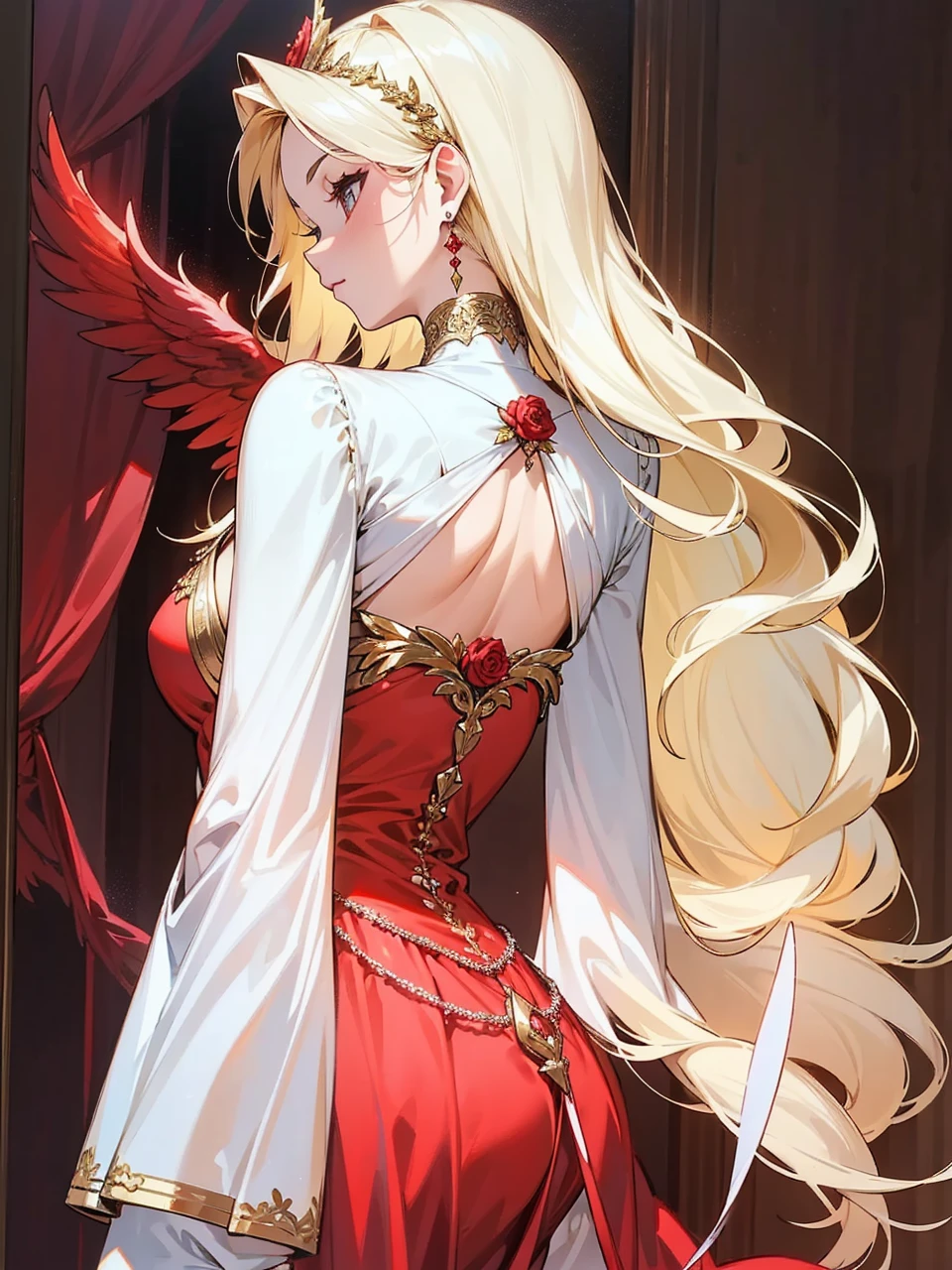 Add in roses to her dress, a good back dress design with some golden jewelry, make her dress into a red and white gown with a hat, give her some unique Jewelry, and make her look somewhat of a demonic angel like appearance to her