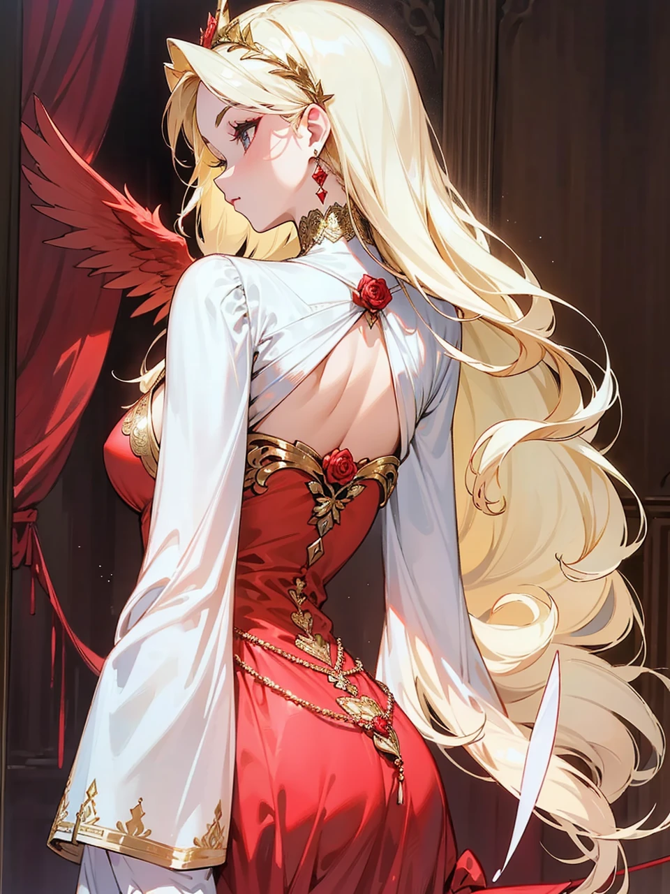Add in roses to her dress, a good back dress design with some golden jewelry, make her dress into a red and white gown with a hat, give her some unique Jewelry, and make her look somewhat of a demonic angel like appearance to her