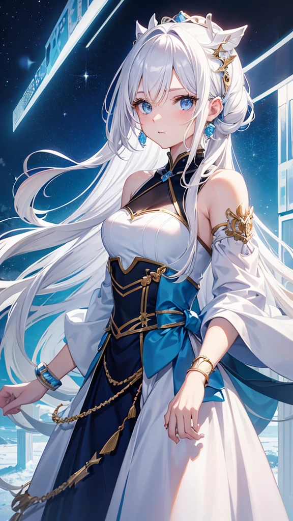 Cover magazine, anime, woman, solo, long hair, white hair, blue eyes, model, beautiful, fantasy, ice. Casual clothes. Hair accessories. Unusual hairstyles. Earrings.
