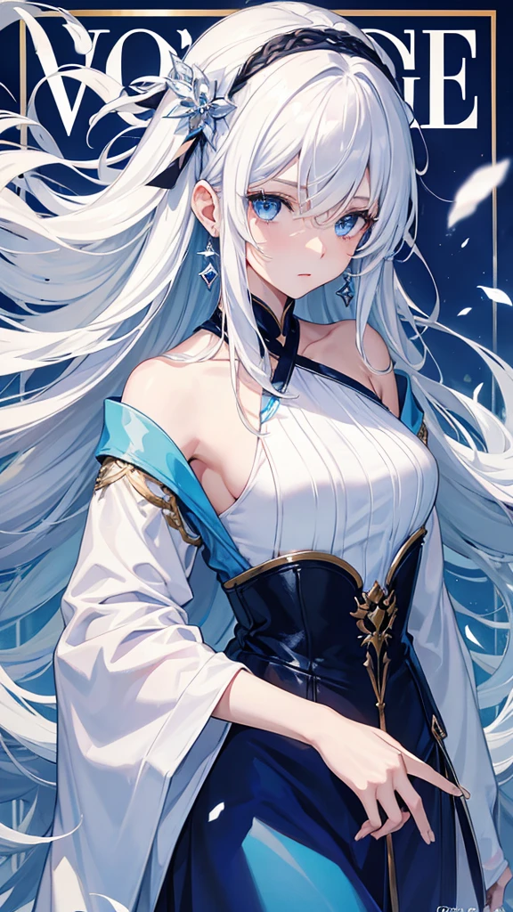 Cover magazine, anime, woman, solo, long hair, white hair, blue eyes, model, beautiful, fantasy, ice. Casual clothes. Hair accessories. Unusual hairstyles. Earrings.
