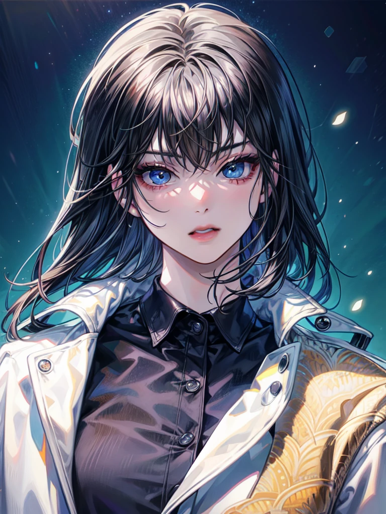(masterpiece, best quality:1.2), intricate details, han sooyoung, 1girl, beautiful detailed eyes, beautiful detailed lips, extremely detailed face and eyes, long eyelashes, bangs, white coat, black shirt, long sleeves, photorealistic, studio lighting, ultra-fine painting, sharp focus, physically-based rendering, professional, vivid colors, bokeh