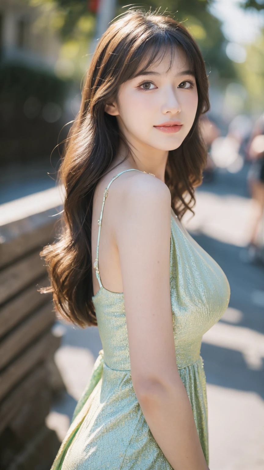 ((Best quality, 8K, masterpiece:1.3)),1girl,18 years old,Asian,Real texture:1.3,(Background blur:1.1),Gorgeous long dress,Tall and slender figure:1.2,(Hot summer weather),(street:1.3),Highly detailed face and skin textures,Exquisite eyes,Long eyelashes,Double eyelids,Full body, Skin Whitening,happy,Various postures,Big breasts, finger left, full front body, put hand up