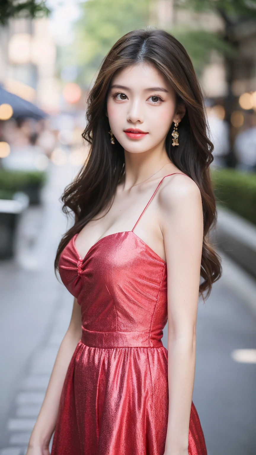 ((Best quality, 8K, masterpiece:1.3))，1girl，18 years old，Asian，Real texture:1.3，(Background blur:1.1)，Gorgeous long dress，Tall and slender figure:1.2，(Hot summer weather)，（street:1.3），Highly detailed face and skin textures，Exquisite eyes，Long eyelashes，Double eyelids，Skin Whitening，happy，Various postures，Big breasts