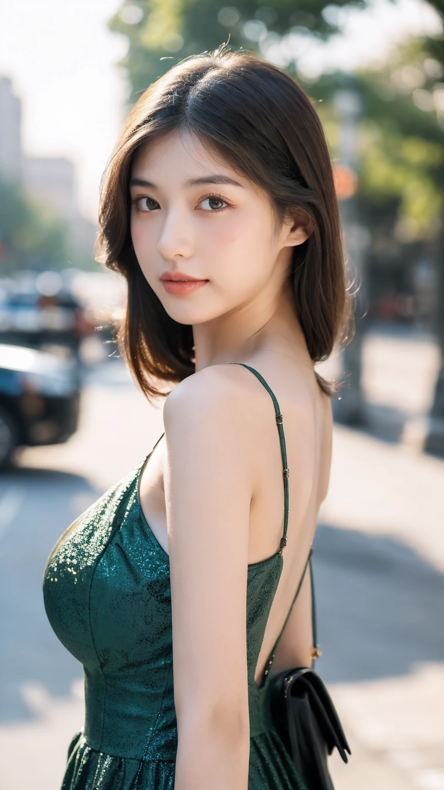 ((Best quality, 8K, masterpiece:1.3))，1girl，18 years old，Asian，Real texture:1.3，(Background blur:1.1)，Gorgeous long dress，Tall and slender figure:1.2，(Hot summer weather)，（street:1.3），Highly detailed face and skin textures，Exquisite eyes，Long eyelashes，Double eyelids，Skin Whitening，happy，Various postures，Big breasts