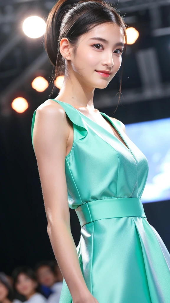 One Woman,全身写真 最high quality, high quality, The background is clear,Beautiful woman, Japanese, detailed, detailed eyes, detailed skin, Beautiful Skin, 超High resolution, (reality: 1.4),Very beautiful woman, Japan woman at 21 years old、Beautiful Skin, thin, (Ultra-photorealism), (High resolution), (8K), (非常にdetailed) (Beautiful and detailed eyes), (非常にdetailedな), (detailed face), Viewer Display, Fine details, detailed face, Staring straight ahead, Staring straight ahead, Photo realistic, Bright lighting, Professional Lighting, Black Hair,ponytail,髪型はponytail,ロングponytailの髪型,smile,wearing a summer dress,Walking the runway at a fashion show,on stage,Attention、Slim fashion model