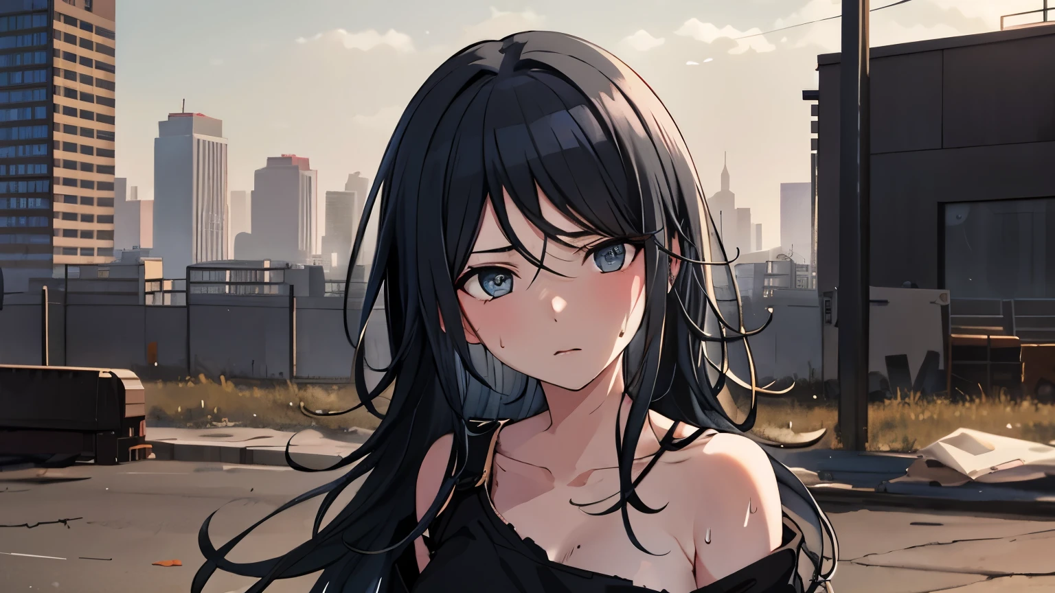 Black Hair　long hair　Tired look　 desolate city　tattered clothes　sweating