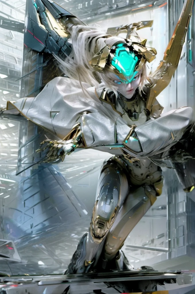 A highly detailed and realistic full-body image of a futuristic robot similar to the protagonist mecha from 'ANUBIS ZONE OF THE ENDERS.' The robot features a sleek and aerodynamic design with sharp edges, metallic surfaces, and glowing accents. It conveys agility and power with advanced technology and intricate mechanical components. The robot is fully visible standing, equipped with jet-like thrusters, a distinctive headpiece with glowing eyes, and weapon systems integrated into its limbs. The design emphasizes its skeletal structure and intricate wiring. The background is a futuristic sci-fi environment, possibly a space station or a high-tech cityscape, adding to the overall realism and immersive feel.
