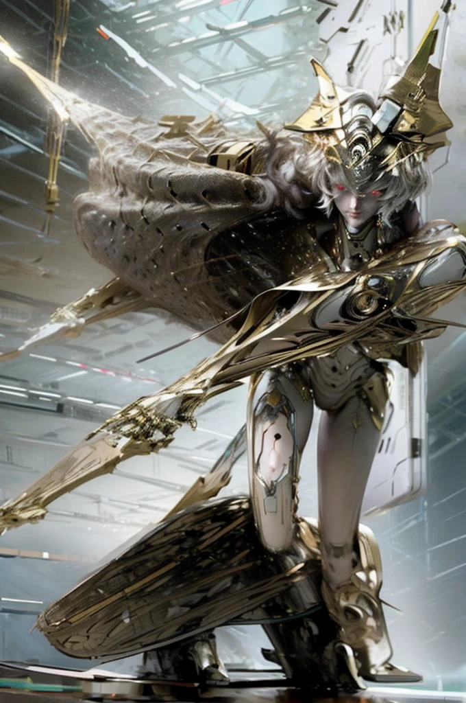 A highly detailed and realistic full-body image of a futuristic robot similar to the protagonist mecha from 'ANUBIS ZONE OF THE ENDERS.' The robot features a sleek and aerodynamic design with sharp edges, metallic surfaces, and glowing accents. It conveys agility and power with advanced technology and intricate mechanical components. The robot is fully visible standing, equipped with jet-like thrusters, a distinctive headpiece with glowing eyes, and weapon systems integrated into its limbs. The design emphasizes its skeletal structure and intricate wiring. The background is a futuristic sci-fi environment, possibly a space station or a high-tech cityscape, adding to the overall realism and immersive feel.
