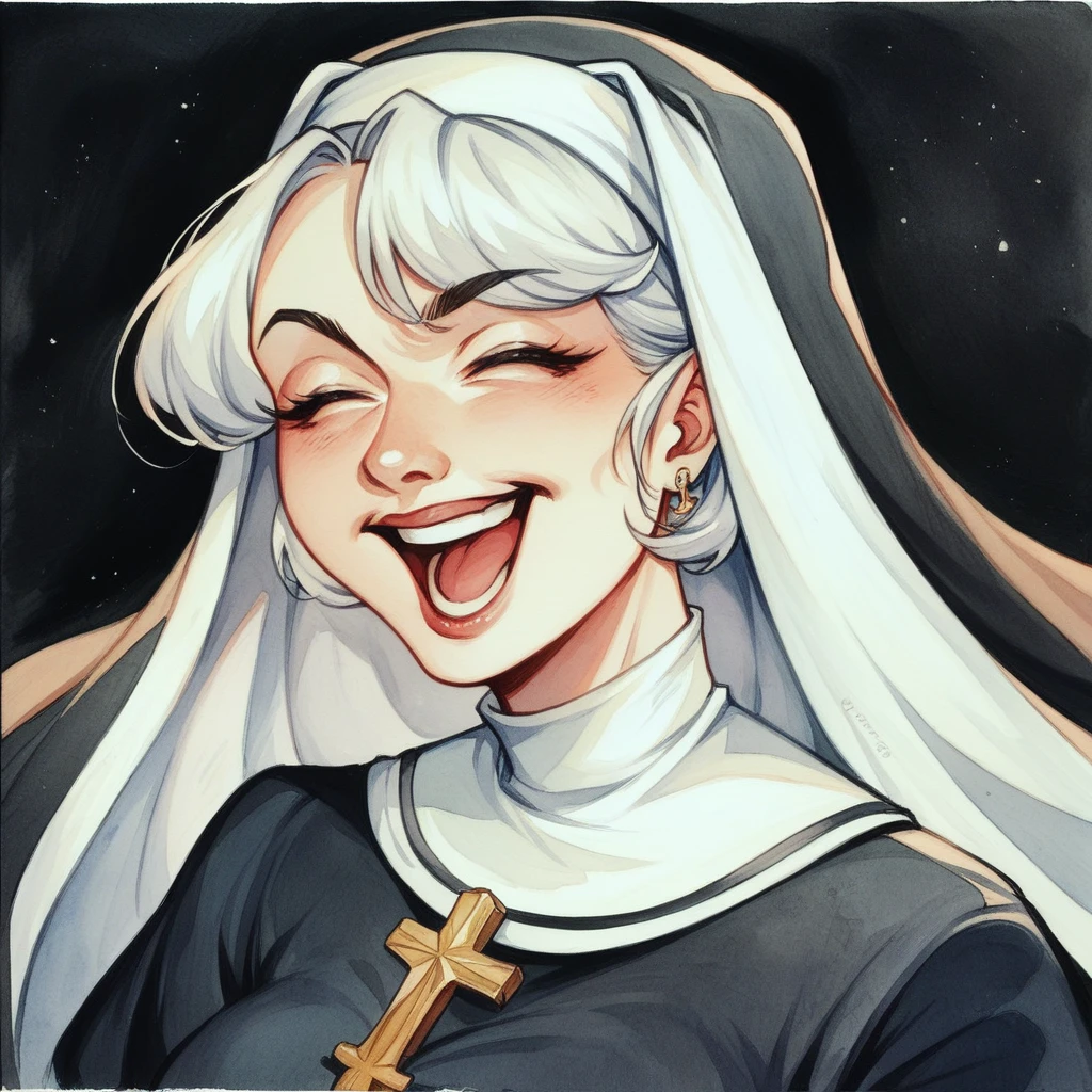Bande dessinée. Real photo of the whole body. Plain black background. Mobius style. Watercolor of a squat, short, white-haired nun beautiful girl laughing hysterically.
