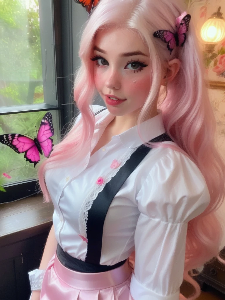 1girl, solo, masterpiece, a beautiful woman, 20-year-old woman, intricate details, realistic, blurry background, focus,
lighting, cinematic,
closeup, detailed eyes,
shiny hair, shiny, shiny skin, shiny clothes,
pink hair, pink eyes,
maid skirt, maid shirt, sexy,
tattoos, freckles, butterflies, roses
Belle Delphine