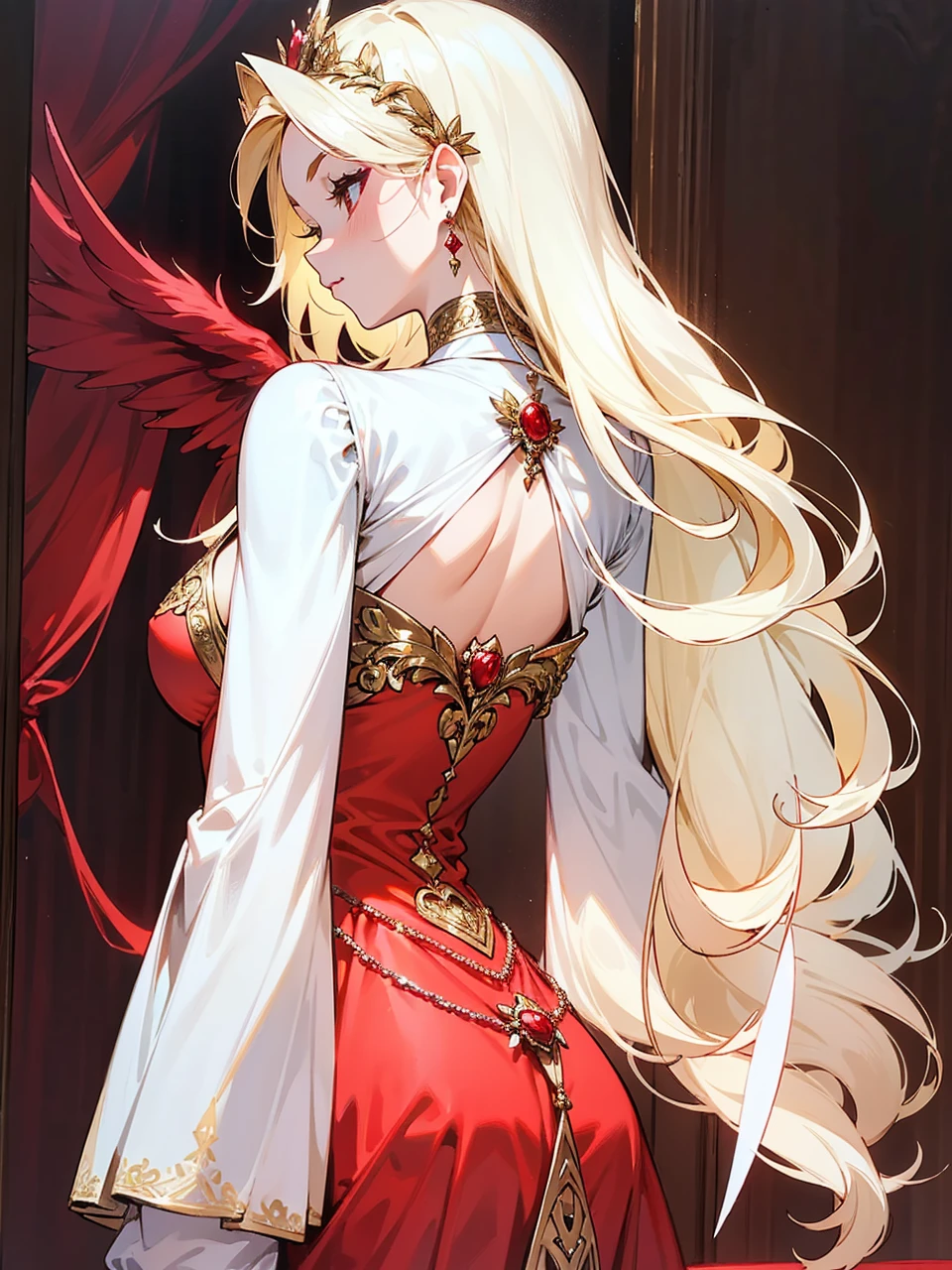 Add in roses to her dress, a good back dress design with some golden jewelry, make her dress into a red and white gown with a hat, give her some unique Jewelry, and make her look somewhat of a demonic angel like appearance to her