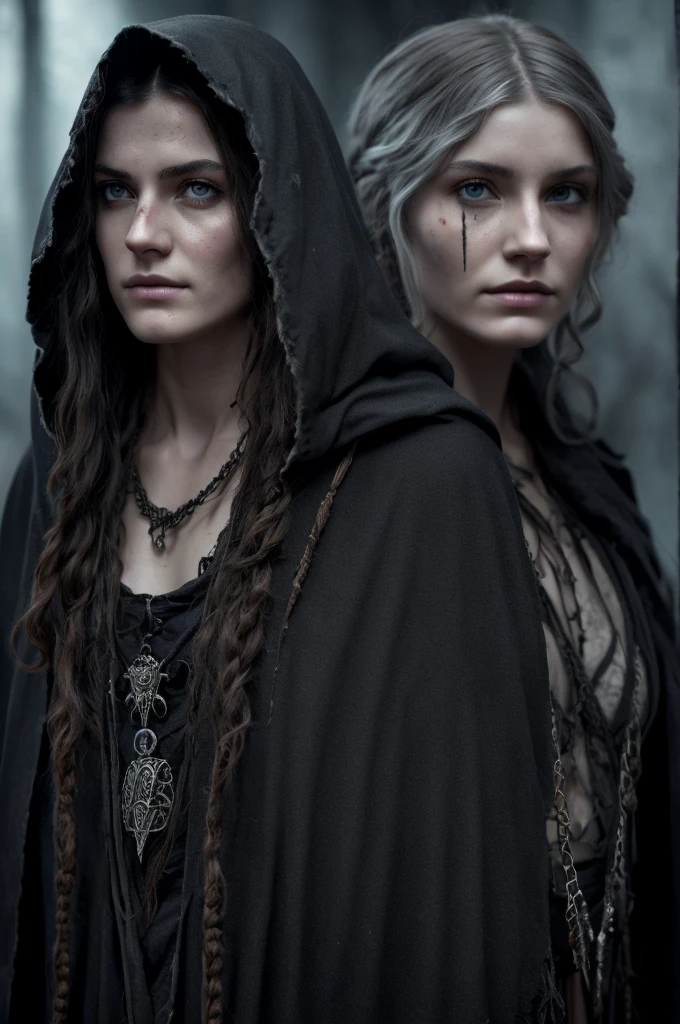Skin: Pale and sallow with dark veins and discolorations, giving a corpse-like appearance.
Eyes: Deep-set, hollow with dark circles, suggesting sleepless nights.
Cheeks: Prominent cheekbones, gaunt and hollow cheeks.
Lips and Teeth: Thin, cracked lips with a bluish tint; yellowed or stained teeth.
Hair: Unkempt, wild, dark or faded with gray streaks.
Clothing: Dark, ragged robes, worn and tattered, frayed edges, patches, and tears.
Adornments: Bones, skulls, and macabre decorations woven into clothing.
Cloak: Tattered dark cloak or hood, shrouding the character in shadows.
Jewelry: Bone necklaces, bracelets, and rings.
Accessories: Worn leather pouches and satchels for dark artifacts.
Scars: Ritualistic scars or markings on the skin.
Bruises and Cuts: Fresh bruises and cuts from self-punishment.
Presence: Unsettling aura, making others wary or fearful.
Movements: Quiet, deliberate, and ghost-like., UHD, retina, masterpiece, accurate, anatomically correct, textured skin, super detail, high details, high quality, award winning, best quality, highres, 1080P, HD, 4K, 8k, 16k