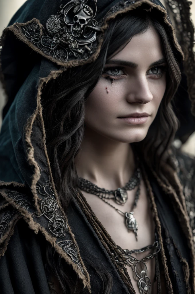 Skin: Pale and sallow with dark veins and discolorations, giving a corpse-like appearance.
Eyes: Deep-set, hollow with dark circles, suggesting sleepless nights.
Cheeks: Prominent cheekbones, gaunt and hollow cheeks.
Lips and Teeth: Thin, cracked lips with a bluish tint; yellowed or stained teeth.
Hair: Unkempt, wild, dark or faded with gray streaks.
Clothing: Dark, ragged robes, worn and tattered, frayed edges, patches, and tears.
Adornments: Bones, skulls, and macabre decorations woven into clothing.
Cloak: Tattered dark cloak or hood, shrouding the character in shadows.
Jewelry: Bone necklaces, bracelets, and rings.
Accessories: Worn leather pouches and satchels for dark artifacts.
Scars: Ritualistic scars or markings on the skin.
Bruises and Cuts: Fresh bruises and cuts from self-punishment.
Presence: Unsettling aura, making others wary or fearful.
Movements: Quiet, deliberate, and ghost-like., UHD, retina, masterpiece, accurate, anatomically correct, textured skin, super detail, high details, high quality, award winning, best quality, highres, 1080P, HD, 4K, 8k, 16k
