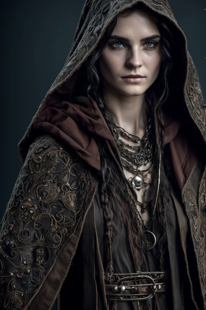 Skin: Pale and sallow with dark veins and discolorations, giving a corpse-like appearance.
Eyes: Deep-set, hollow with dark circles, suggesting sleepless nights.
Cheeks: Prominent cheekbones, gaunt and hollow cheeks.
Lips and Teeth: Thin, cracked lips with a bluish tint; yellowed or stained teeth.
Hair: Unkempt, wild, dark or faded with gray streaks.
Clothing: Dark, ragged robes, worn and tattered, frayed edges, patches, and tears.
Adornments: Bones, skulls, and macabre decorations woven into clothing.
Cloak: Tattered dark cloak or hood, shrouding the character in shadows.
Jewelry: Bone necklaces, bracelets, and rings.
Accessories: Worn leather pouches and satchels for dark artifacts.
Scars: Ritualistic scars or markings on the skin.
Bruises and Cuts: Fresh bruises and cuts from self-punishment.
Presence: Unsettling aura, making others wary or fearful.
Movements: Quiet, deliberate, and ghost-like., UHD, retina, masterpiece, accurate, anatomically correct, textured skin, super detail, high details, high quality, award winning, best quality, highres, 1080P, HD, 4K, 8k, 16k