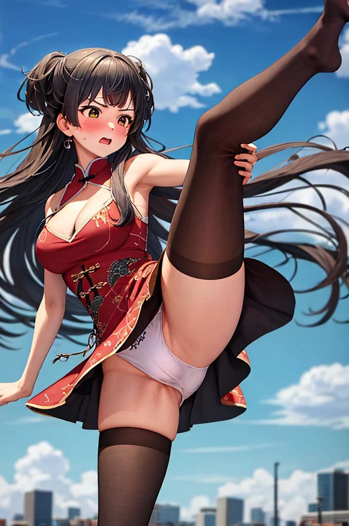 masterpiece, Highest quality, Confused, 1 girl, Looking at the audience,Embarrassed、、City、blush　　Surprised　China dress　White panties　tights　From below　Brown Hair　Black leg ((High Kick))　Perfect Legs　Beautiful legs
