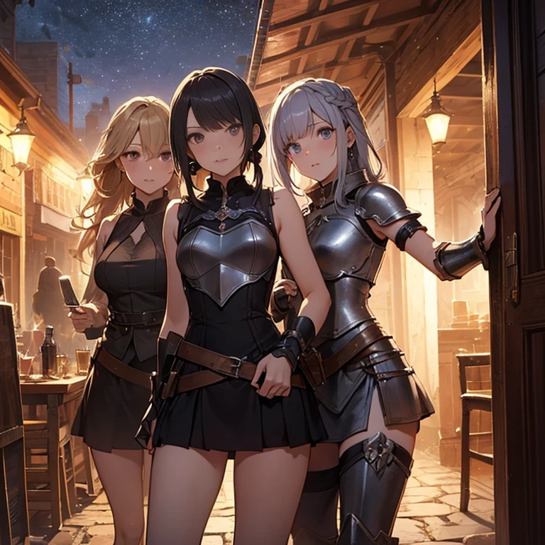 A group of female medieval fantasy adventurers, (in tavern), various hair styles, harem, night, details face, short skirt, seducing, sleeveless, armor